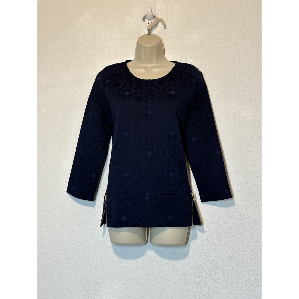 New J Crew Sz 2 Blue Textured Tunicā Top Blouse Zip Sides 3/4 Sleeves Minimalist
